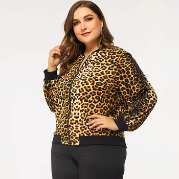 Ženské jar jeseň plus veľkosť bunda pre ženy veľké príležitostné voľné dlhý rukáv zips leopard krátke kabáty 3XL 4XL 5XL 6XL 7XL
