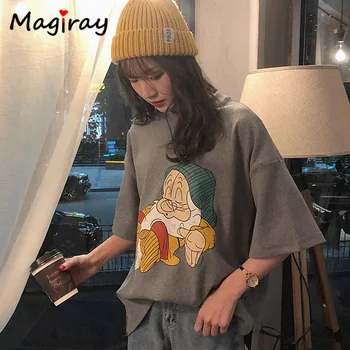 Magiray Kawaii Trpaslík Cartoon Print T Shirt Ženy Kórejský Zábavné Neforemné Nadrozmerné Zena Top 2020 Plus Veľkosť Tee Streetwear Tričko 08