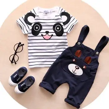 Batoľa Detský Baby Boy Cartoon Panda Bavlna T-shirt Pruhovaný Top+Medveď nohavice Nohavice 2 ks Oblečenia Sady Deti Oblečenie