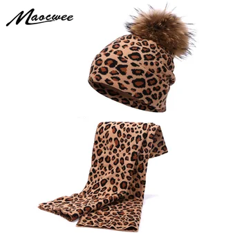 2019 Zimné Leopard Háčkovanie Čiapočku Klobúk Hrubé Ženy Ženy Pletený Hat Čiapky S Reálnymi Kožušiny Pompon Vlasy Loptu Teplá Vonkajšie Dievča Spp