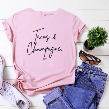 Tacos a Šampanské, T Košele Ženy Bavlna Lete Krátky Rukáv O-neck Tee Tričko Femme Bežné Tričko Ženy Voľné Camiseta Mujer