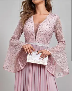 Elegantné Prom Šaty 2021 Luxusné Ružových Trblietavých Dlhý Rukáv Sexy Hlboké V-neck dĺžka Podlahy Perly Batwing Zvláštne Príležitosti Šaty
