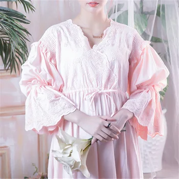 Viktoriánskej Nightgowns Sleepshirts Vintage Sleepwear Ženy Odev Dlhý Rukáv Vysoký Pás-Belted Noc Maxi Šaty Plus Veľkosť T282