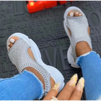 Crystal Ženy Sandále Strečové Tkaniny Platformu Típat Prst Priedušná Výšky Rastúci Ležérne Módne 2020 Letné Dámske Topánky