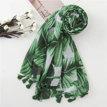 Ženy Skorocelový List Zelený Šál so Strapcami Soft Polyester Palmové Listy Vytlačené Teplé Šály, Zábaly Hijabs Šál