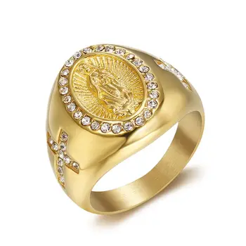 UUNICO Nehrdzavejúcej ocele Zlatý zlatý prsteň AAA zirkón krúžku kríž Katolíckej Panny Márie krúžok