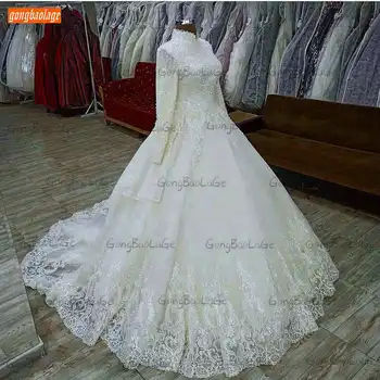 Luxusné Moslimských Svadobné Šaty Biele Dlhé Rukávy Vestido De Noiva 2021 Čipky Arabčina Svadobné Šaty Na Mieru Hochzeitskleid