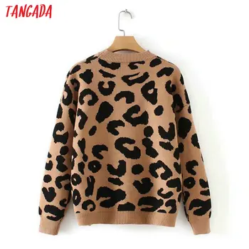 Tangada ženy leopard pletený sveter zimné zviera tlače zimné hrubé dlhý rukáv žena pulóvre bežné topy 2X05