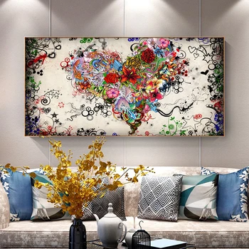 DDHH Wall Art Obraz Plátno Tlačiť Láska Maľovanie Abstraktné Farebné Srdce Kvety Plagáty Pre Obývacia Izba Domov Bez Rámu
