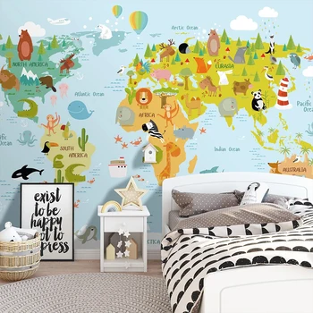Vlastná Veľkosť Modernej Karikatúry Zvierat, Mapa Sveta nástenná maľba Tapety Pre Deti Izba Deti Miestnosti, Spálne, Dekorácia, Foto Wall Paper 3D