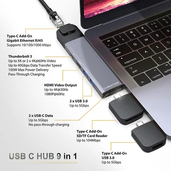 CABLETIME Dual Typ C hub 4K HDMI, Lan Thunderbolt 3 SD USB3.0+USB-C Nabíjačku PD 9 v 1 Adaptér Rozbočovač pre MacBook Pro/vzduch C043