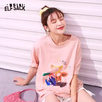 ELFSACK Harajuku Ružová Grafické Tlače Bežné T-Shirts Ženy Oblečenie 2020 Lete ELF Čierne Krátke Rukáv kórejský Dámy Denne Topy