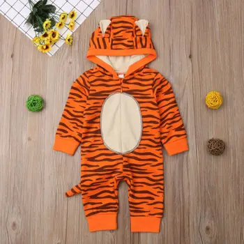 Cartoon Novorodenca Chlapec Dievča 3D Tiger Dlhý Rukáv Zips s Kapucňou Romper Jumpsuit Playsuit Oblečenie Baby Teplé Oblečenie