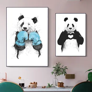 Nordic Plagát a Vytlačí Roztomilá Panda Minimalistický Čierna Biela Modrá Cartoon Zvierat Plátno na Maľovanie na Stenu Umenie Fotografie pre Home Decor