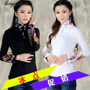 Čínsky vietor dámy 2019 jar veľké veľkosti výšivky národnej vietor výšivky T - shirt žena dlho puzdre tričko TB02