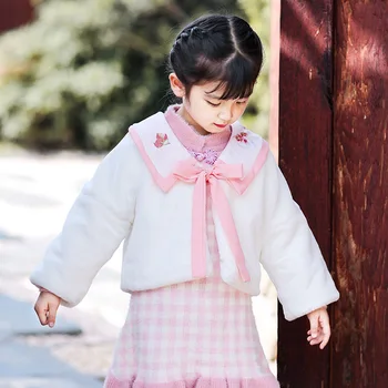 Jeseň Zima Dievčatá Čínsky Národný Štýl Princezná Čipky Kabát Deti Deti Tradičné Plus Cashmere Roztomilý Zahustiť Teplé Oblečenie