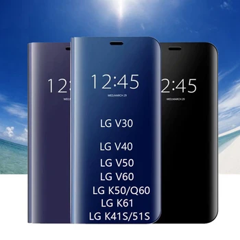 Luxusné Zrkadlo Chrome Flip puzdro Pre LG V30 V40 V50 V60 K61 K50 K50S K41S K51S Plastový Kryt Telefónu Funda