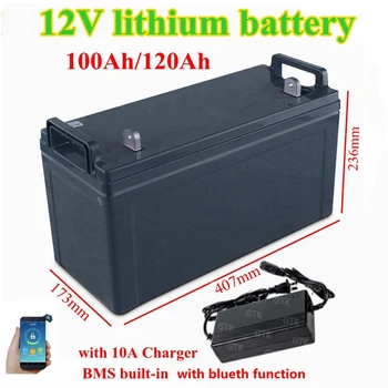 Nepremokavé 12V 100AH 120Ah lítium-iónová batéria 12V BMS s bluetooth pre solárny systém elektrický čln RV solárny panel+10A Nabíjačky