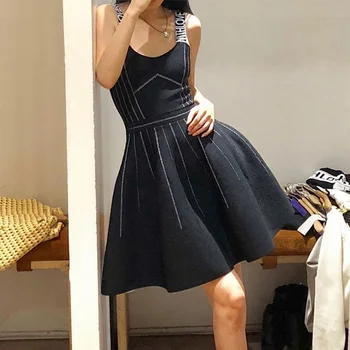 Sexy Little Black Dress 2019 Lete Hepburn Listov Tlač Špagety Popruh Plesové Šaty, Pletené Šaty Žien Strany Noc Mini Šaty
