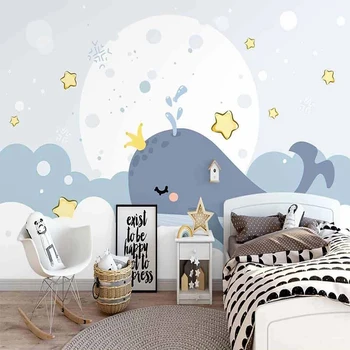 Vlastné Foto Tapety 3D Ručne kreslené Karikatúry Mesiac Cloud Veľryba Deti Miestnosti nástenná maľba Nordic Štýl Domova Nástenné Maľby Fresky