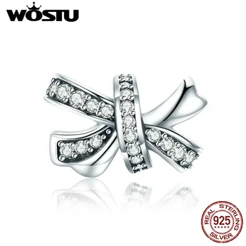 WOSTU Autentické 925 Sterling Silver Bowknot Crystal CZ Korálky Charms fit Originálny Náramok & Náhrdelník Šperky Darček BKC773