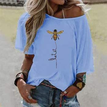Ženy, Plus Veľkosť Dámy Rameno Bee Vytlačené T-Shirt Vrchole Letné Voľné Roztomilý Tee Tričko Móde Topy Žena T-shirts Camiseta