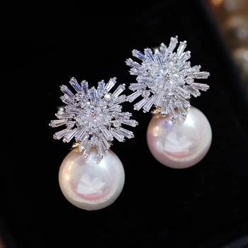 Roztomilý Romantický Crystal Snowflake Pearl Stud Náušnice Pre Ženy, Dievča Kúzlo Módne Šperky Svadobný Pár Vianočný Darček Priateľovi