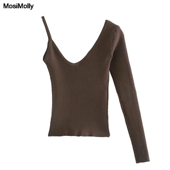 MosiMolly pohode jedného pleca pletený sveter jumper základné zrastov topy žien nepravidelná krátke knits
