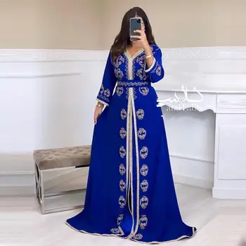 Vintage Blue Šifón A-line Marocký Kaftan Moslimských Večerné Šaty Dlhé Rukávy Lištovanie Dubaj Arábia Formálnej Strany Šaty Prom Šaty