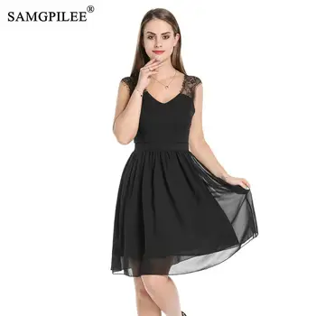 Samgpilee Rias Čipky Backless Black Šifón Elegantné Party Skladaný Šaty Letné Ženy Riadku Bežné Korčuliarov Šaty