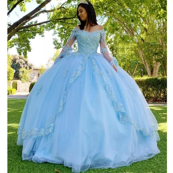 Luxusné svetlo Modrej plesové Šaty, Quinceanera Šaty S Čipkou Appliqued Zákazku Dlhé Rukávy Sweet 16 Vestido De Dule