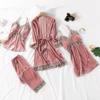 Mäkké 4PCS Pyžamo Vyhovovali Nightgown Ženy Velvet Kimono Župan Šaty Sleepwear Odev 2021 Jeseň Nové Intímne spodná Bielizeň