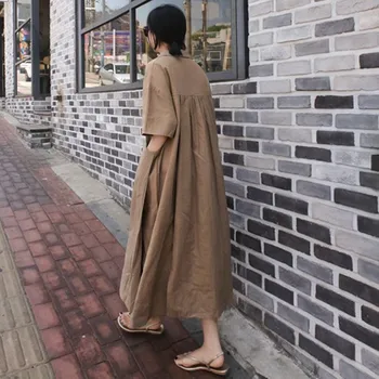 Kórea Voľné Dlho Overknee kórejský Trend Vintage Šaty S Vreckami 2020 Lete Nové Krátke Rukáv V krku Bavlnená posteľná Bielizeň Y016