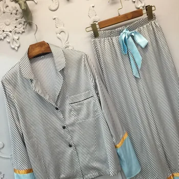 JRMISSLI Ženy Hodváb Pruhované Pyžamo Sleepwear Dve Kus Set-Top a Nohavice Pyžamo Set Home Oblečenie