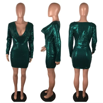 Zelený Lesk Sequined Bodycon Šaty Hlboko V Krku Dlhý Rukáv Package Hip 2019 Módne Žena Vianočný Večierok Oslavu Oblečenie