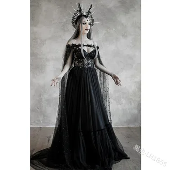 Halloween Cosplay Kostým pre Ženy Stredoveké Gotické a Renesančné Čarodejnice Čipky Steh Víla Šaty Upír Vintage Čierna Maxi Vestido