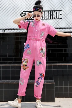 Thajský street fashion hip-hop vietor lesk listov vyšívané jumpsuit veku-prijímanie pás bol tenké módne denim jumpsuit ženy