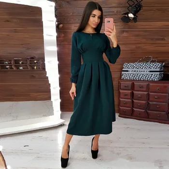 Ženy Bežné Linky Party Šaty s Dlhým Rukávom o Krk Elegantné Pevné Zimné Šaty 2019 Nové Módne Midi Šaty Vintage Duté Sa