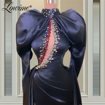 Elegantné Námornícka Modrá Večerné Šaty Dubaj Dizajn Arabčina Dlho Morská Víla Celebrity Party Šaty 2021 Couture Dlhé Rukávy Prom Šaty