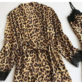 Leopard tlač Sexy Ženy, Pyžamá Sady Satin Sleepwear Pijama Hodváb Domáce oblečenie Výšivky Spánku Salónik Pyžamo Odev Bielizeň #W