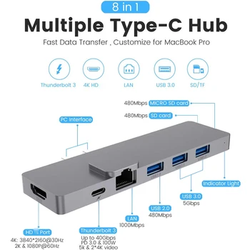 Dual Typ-c HUB s Thunderbolt 3 USB3.0 SD/TF Karty, Čítačky 4K kompatibilný s HDMI Pre MacBook Pro 2019 2018 2016 13