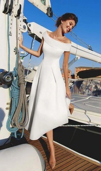 Nádherný Krátke Svadobné Šaty 2020 Ramena Satin Riadok Čaj Dĺžka Pláže Svadobné Šaty Lacné Príjem Šaty
