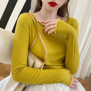 Kórejská Verzia Farbou Nadrozmerné T-shirt Long Sleeve Topy dámske Tričká Zimné Žena Tričká Oblečenie Letné Plus Veľkosť