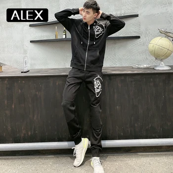 Alex Plein Hoodies Muž Bavlna Obrys Lebky Výšivky Fleece Zip-up Streetwear Menashion Estetické Pár Športové oblečenie Nové