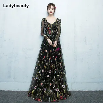 Ladybeauty Formálne Šaty Čiernej Čipky Späť Kvety Výšivky Dlhé Rukávy Večerné Šaty Strany Župan De Soiree