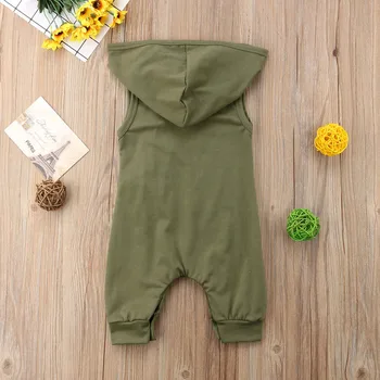 Army Zelená Novonarodené Dieťa, Chlapec, Dievča Bez Rukávov S Kapucňou Romper Jumpsuit Voľné Oblečenie, Módne Detské Oblečenie
