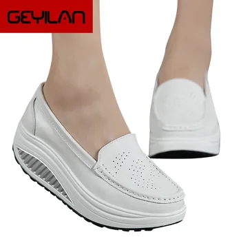 Platforma biela lenivý topánky žena Módy Bežné Pevné Pošmyknúť Na Hrubé Kliny Spodnej Plošiny Pracovné Topánky slip-on mokasíny
