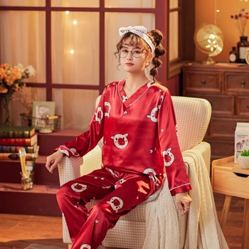 Pyžamá pre Ženy 2020 Jeseň Nové Žien Hodváb Dlhý Rukáv Voľné Tlač Vianočné Ženy Sleepwear Nastaviť Dlhé Nohavice Domáce Oblečenie