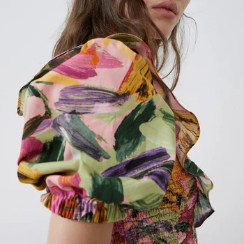 Letné plodín top ženy tričko kvetinový tlač asymetrický mimo ramenný lístkového rukáv s mini sukne elastické bežné tenký kus dvoch sád