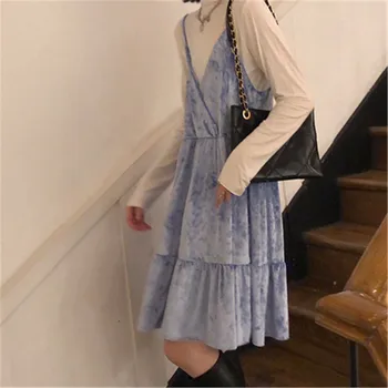 Kawaii Velvet Podväzkové Šaty Pre Ženy Jeseň Japonský štýl Pevné tvaru bez Rukávov Šaty, podkolienok Vestidos 5E1021
